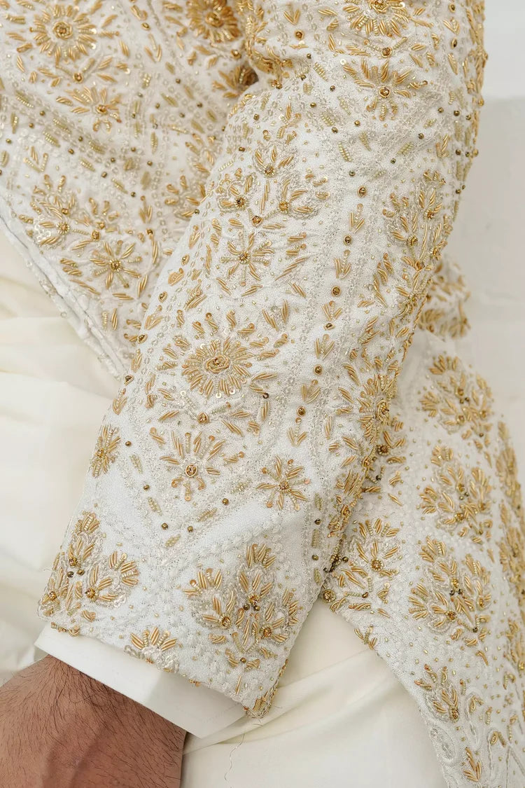 KUNZUL CHANNAR MENSWEAR-Pearl white hand work sherwani