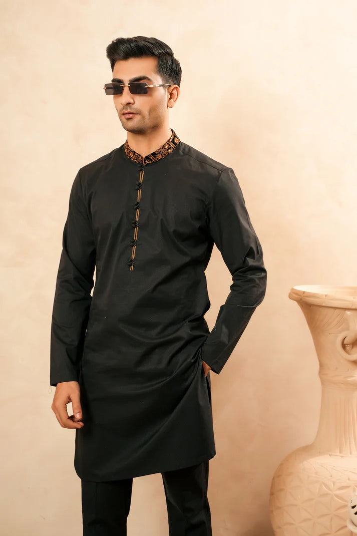 KUNZUL CHANNAR ( MENSWEAR ) - Cotton Embroidered Mandarin Kurta Trouser
