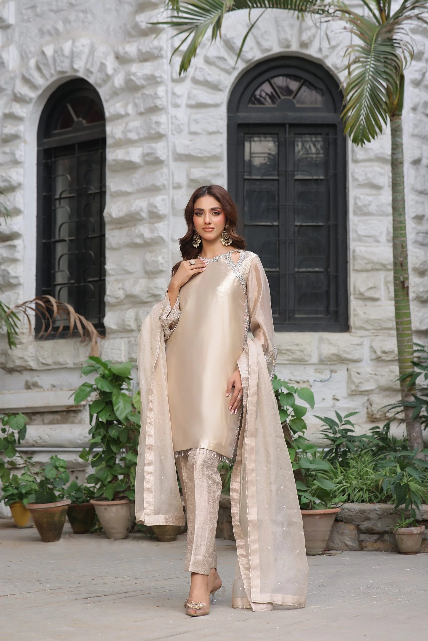 ERAM SHEIKH- Dark Beige with silver sequence