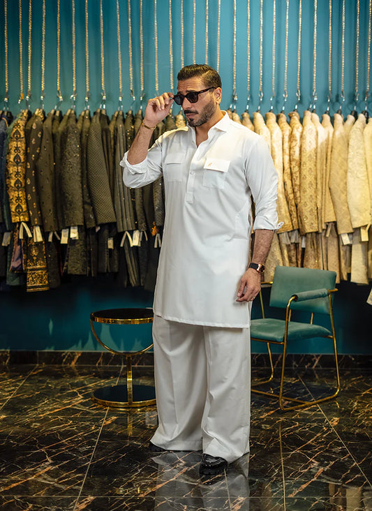 HUMAYUN ALAMGIR (Menswear) -  White Linen Farshi kurta Shalwar