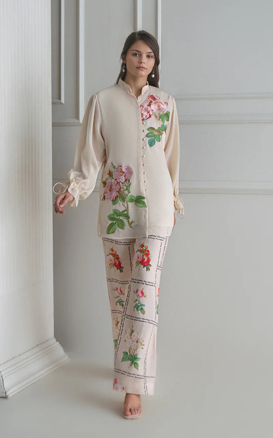 THREADS AND MOTIFS - Milky White with floral applique