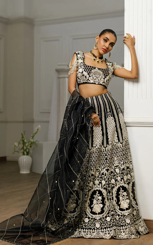 THREADS AND MOTIFS - Black Tone With Floral Embroidered Choli with Lengha