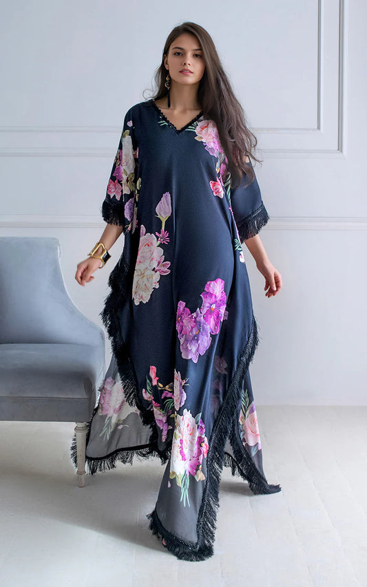 THREADS AND MOTIFS - Black Floral Print Kaftan