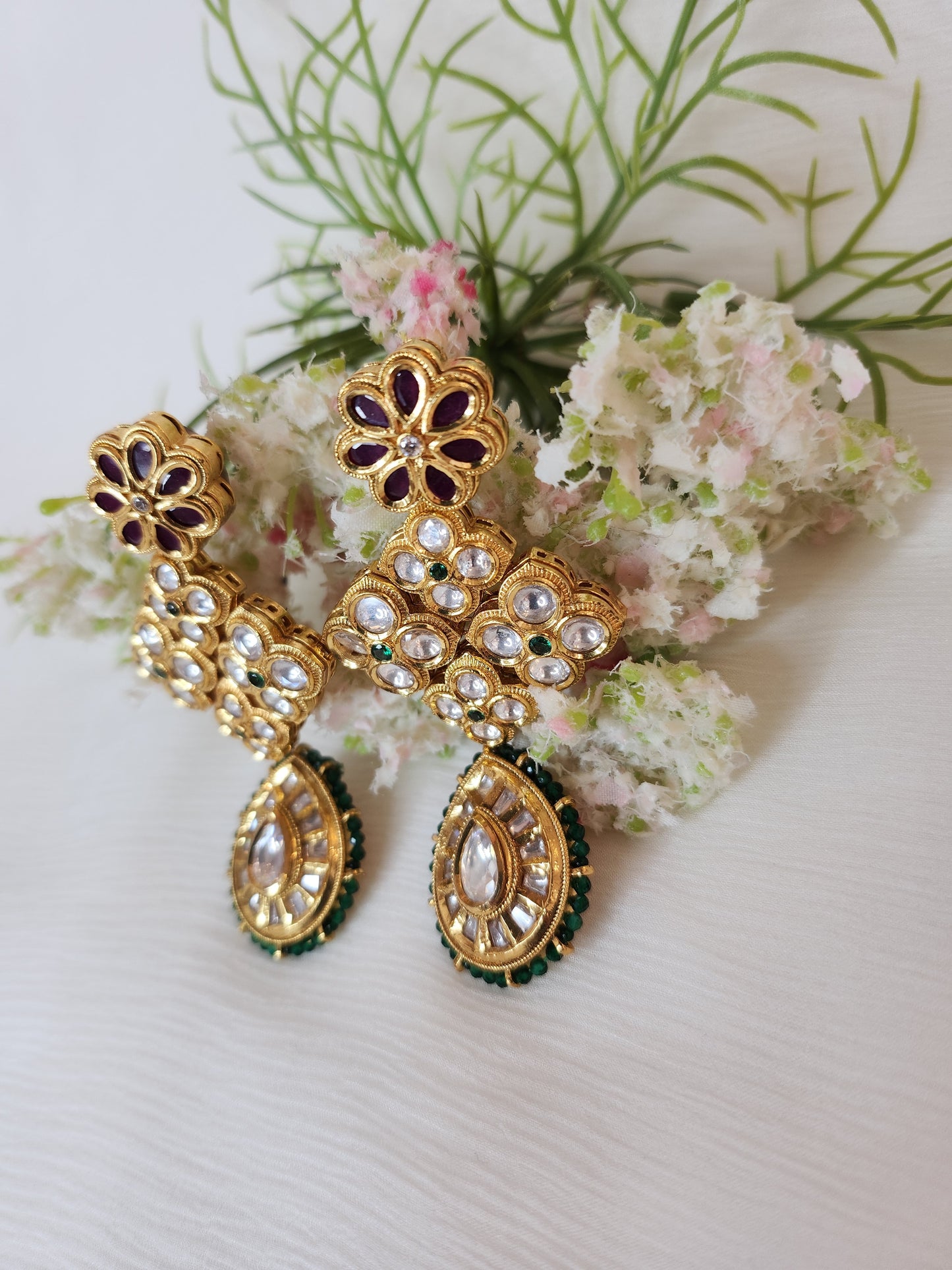VIVINIA JEWELRY - Gold Finish Kundan and Green Drop Earrings