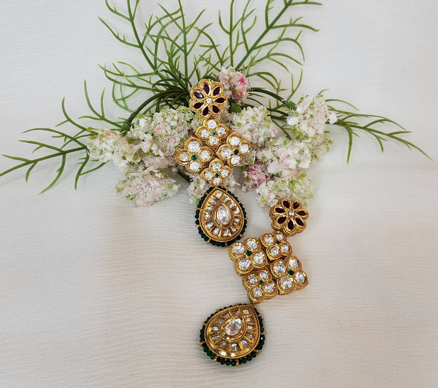 VIVINIA JEWELRY - Gold Finish Kundan and Green Drop Earrings