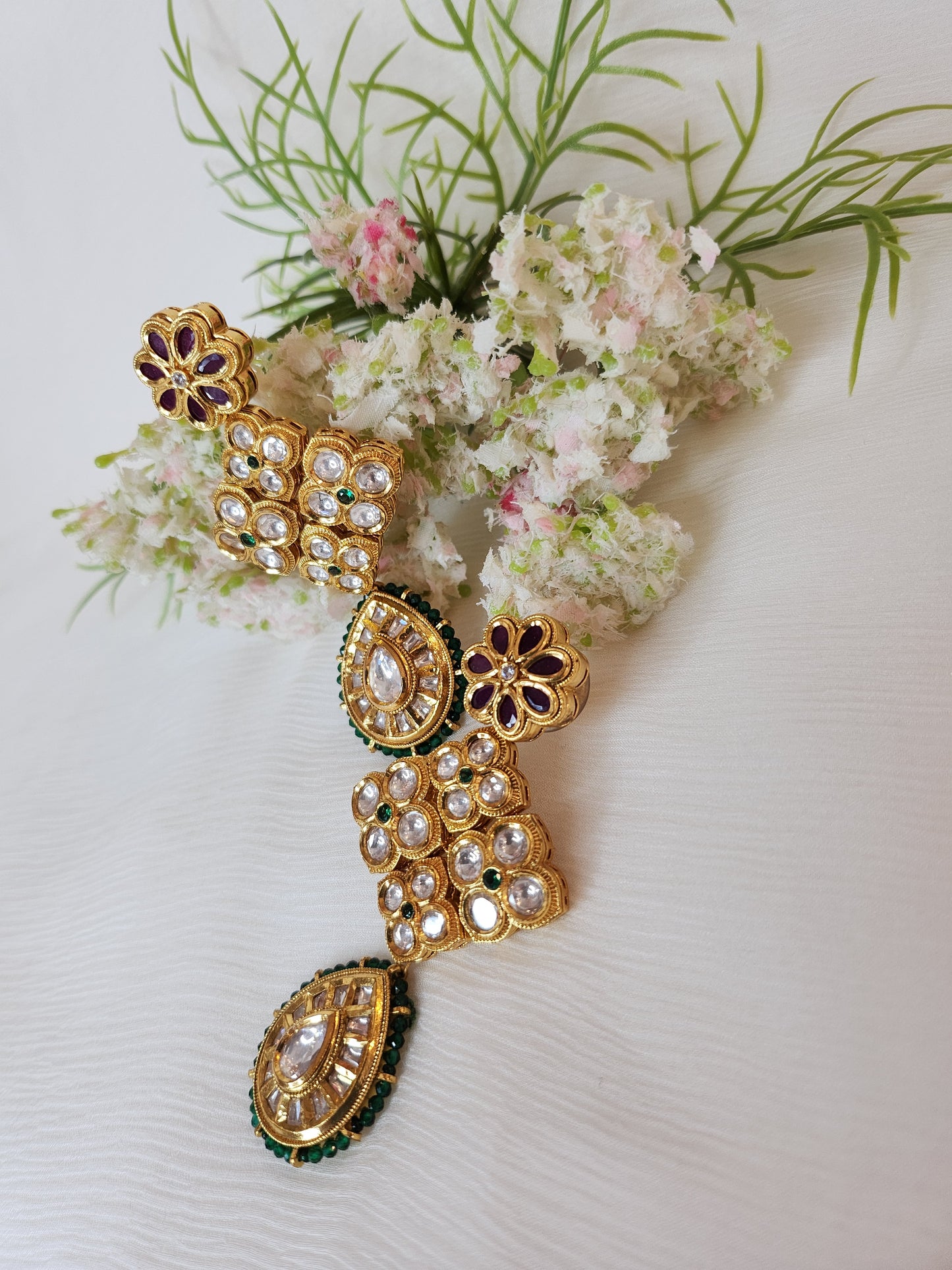 VIVINIA JEWELRY - Gold Finish Kundan and Green Drop Earrings