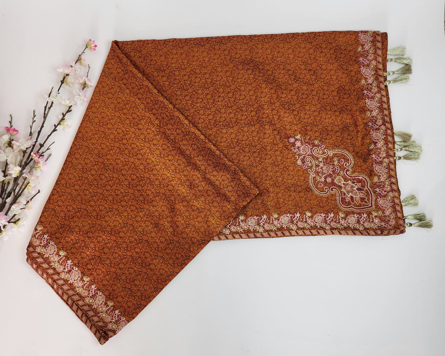 SABEEN MANEKIA - Tangerine Jamawar Shawl with embroidery and tassels