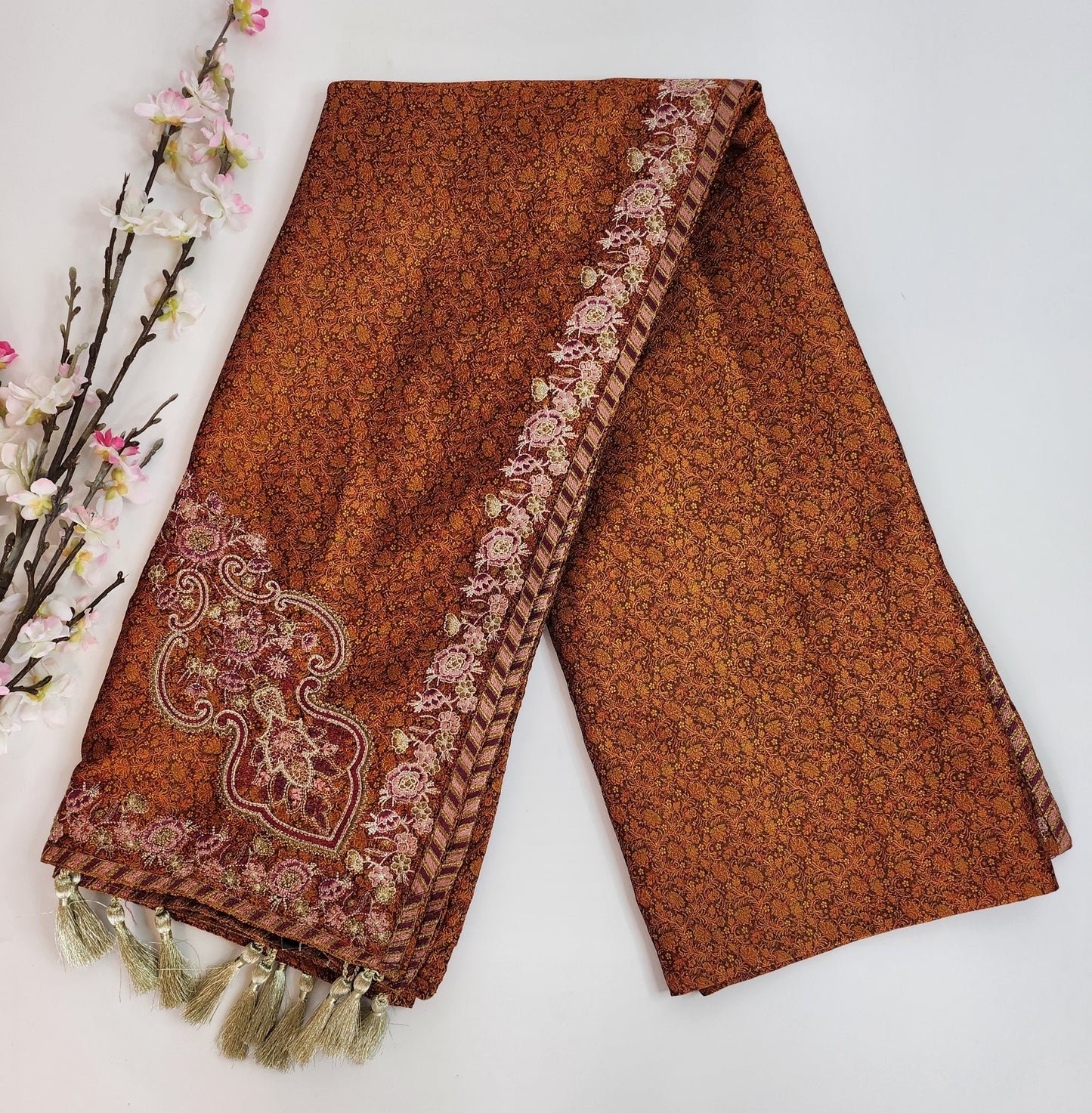 SABEEN MANEKIA - Tangerine Jamawar Shawl with embroidery and tassels