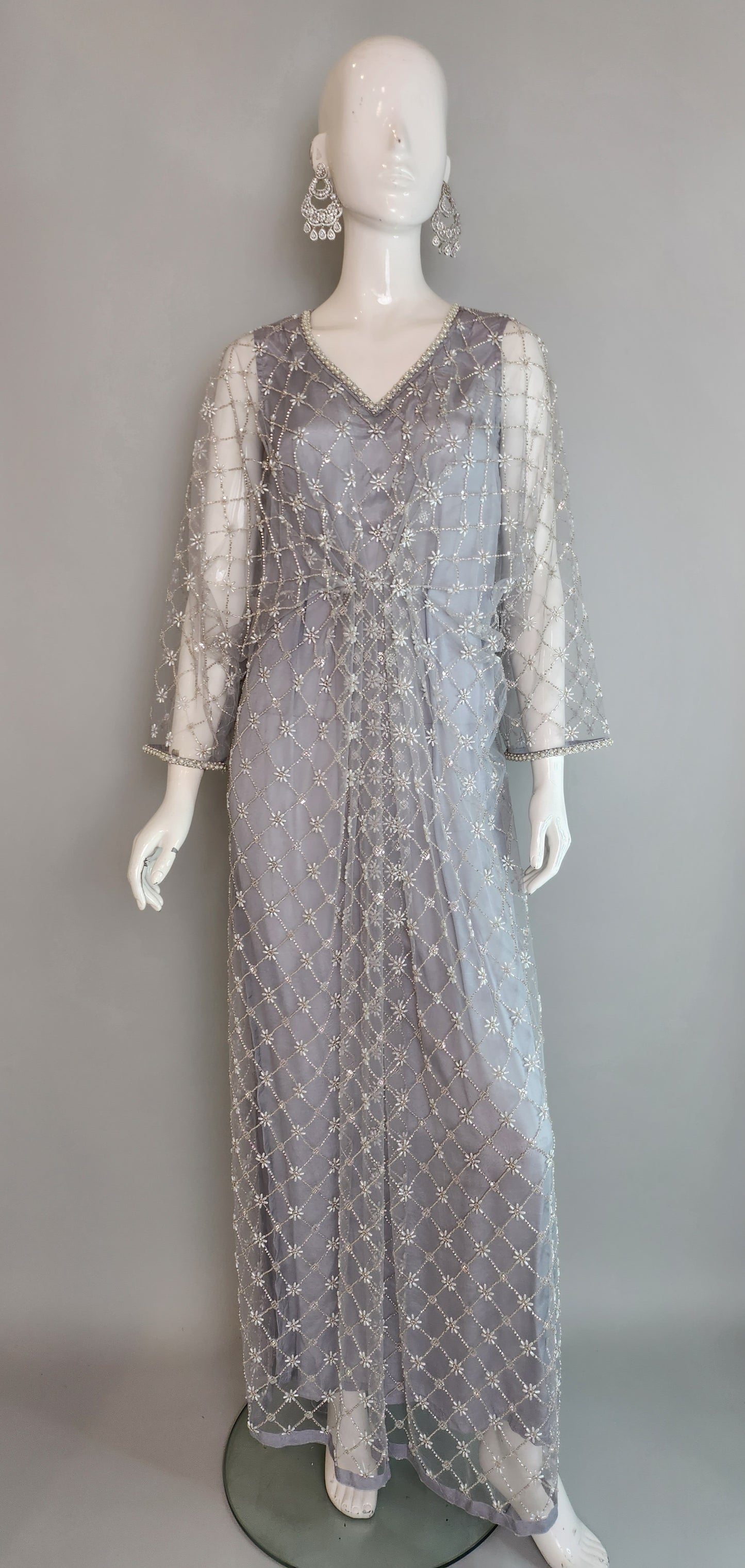 THREADS AND MOTIFS - Ash Blue Crisscross Beads Pearl Kaftan