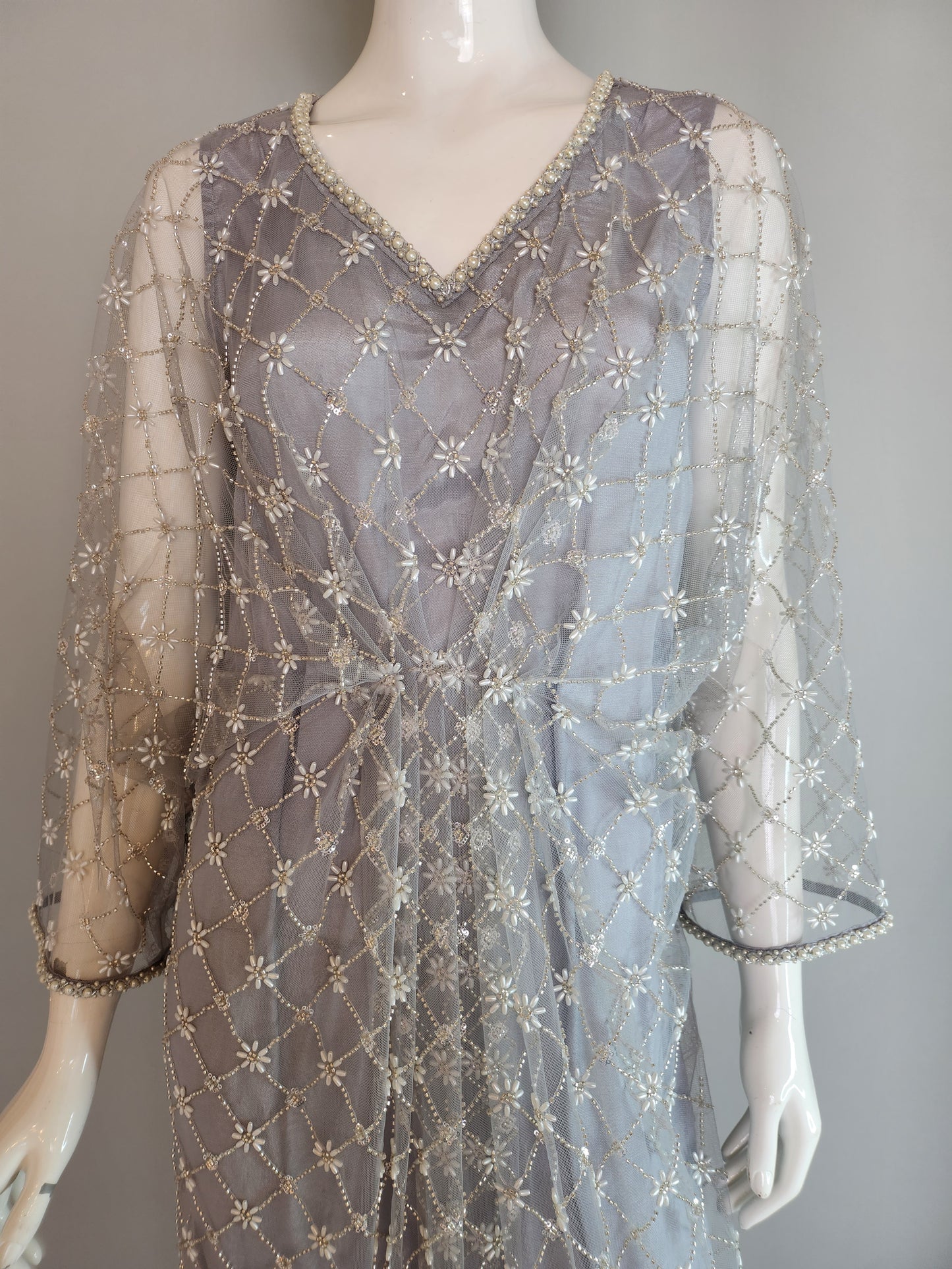 THREADS AND MOTIFS - Ash Blue Crisscross Beads Pearl Kaftan