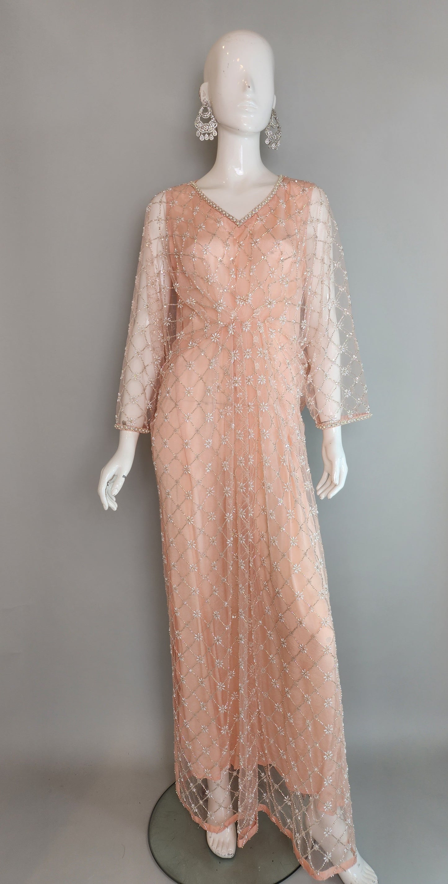 THREADS AND MOTIFS - Peach Crisscross Beads Pearl  Kaftan