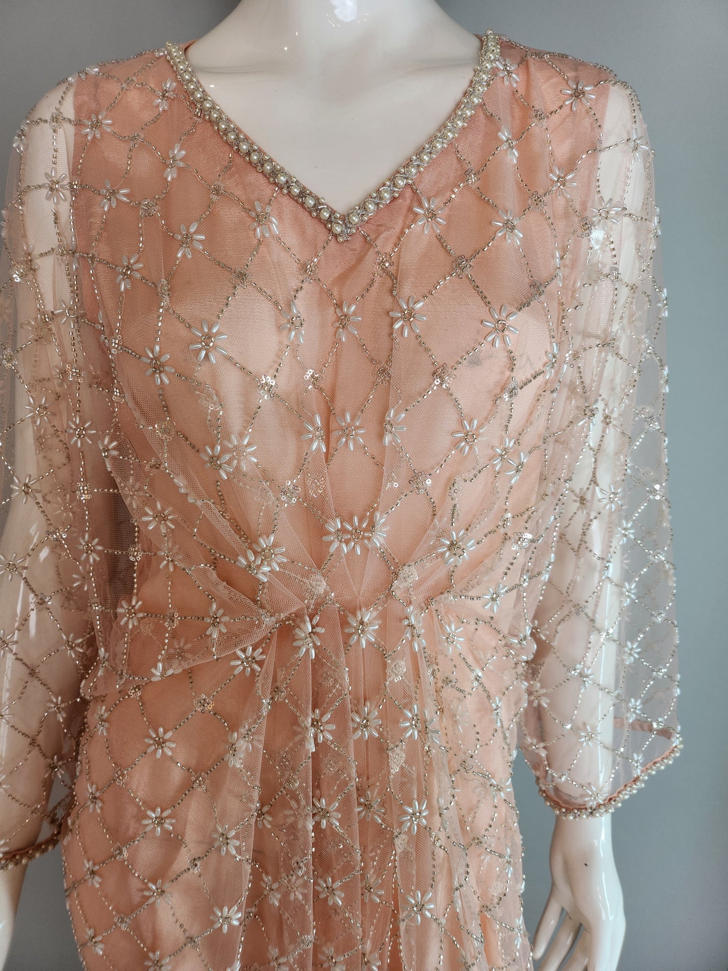 THREADS AND MOTIFS - Peach Crisscross Beads Pearl  Kaftan