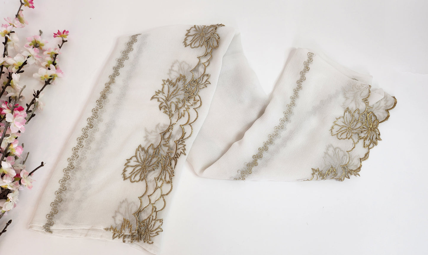 SABEEN MANEKIA - White gold chiffon embroidery dupatta