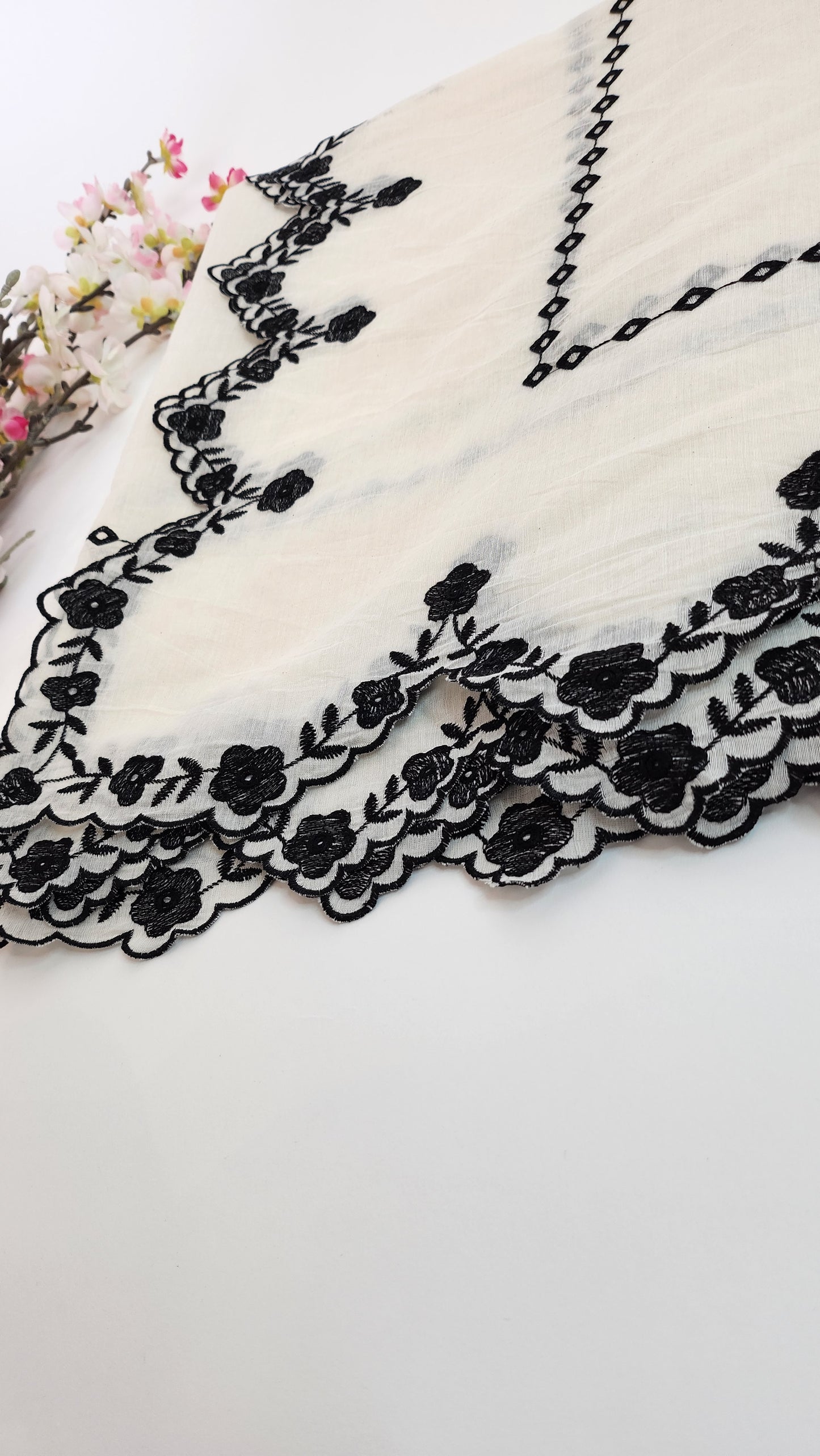 SABEEN MANEKIA - White and Black - Emb Flowers Dupatta