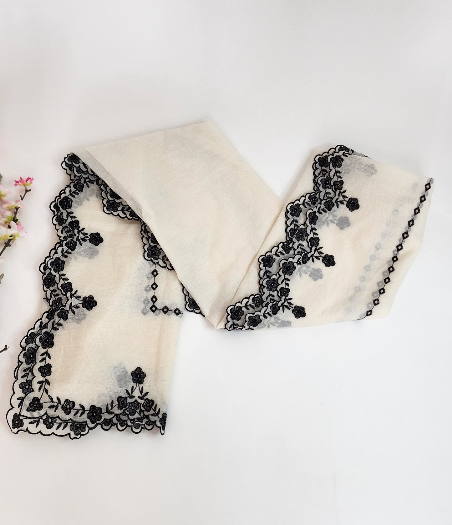 SABEEN MANEKIA - White and Black - Emb Flowers Dupatta