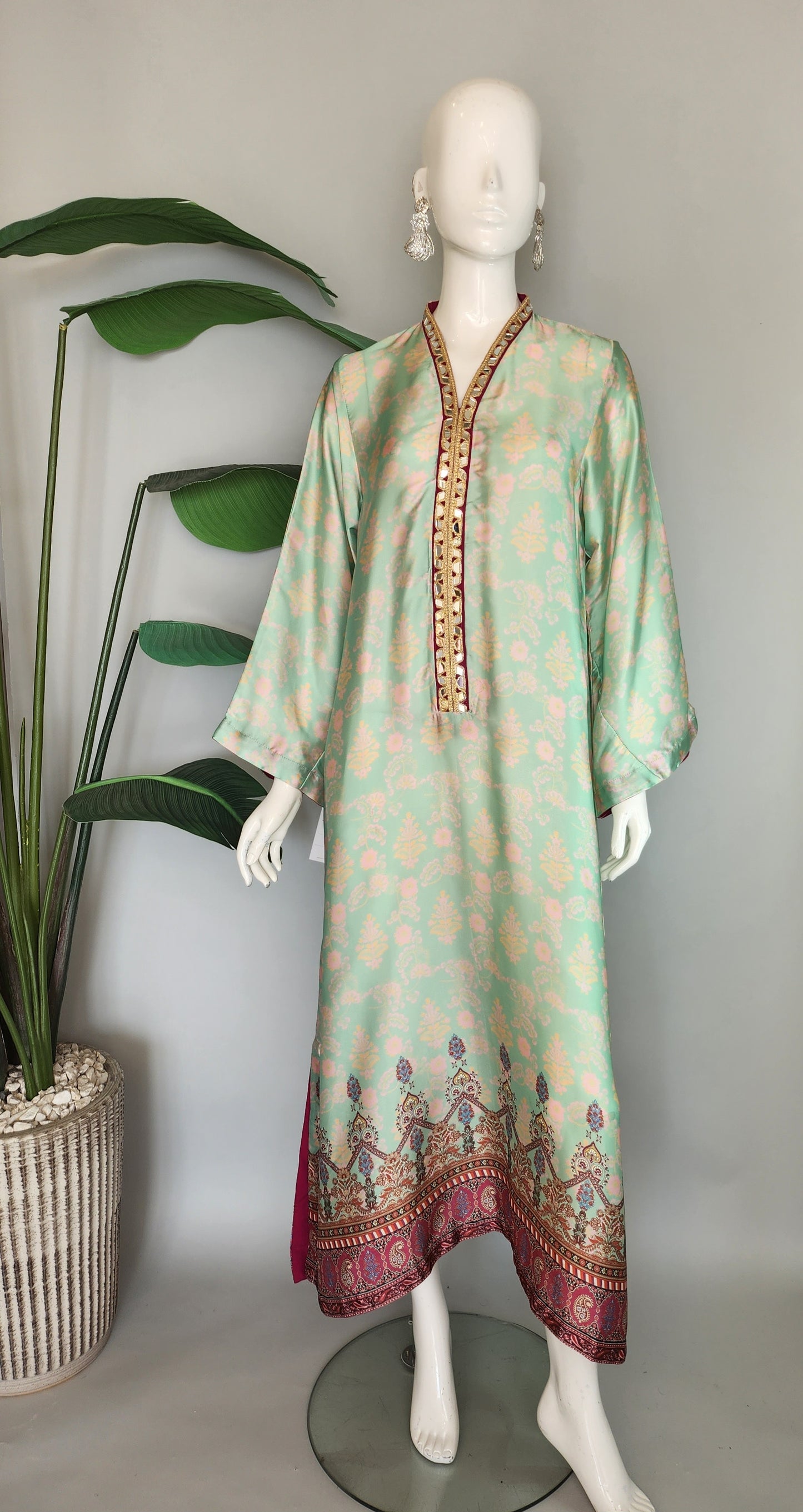 Wajeeha Ansari - Mint Green Printed Silk Kaftan