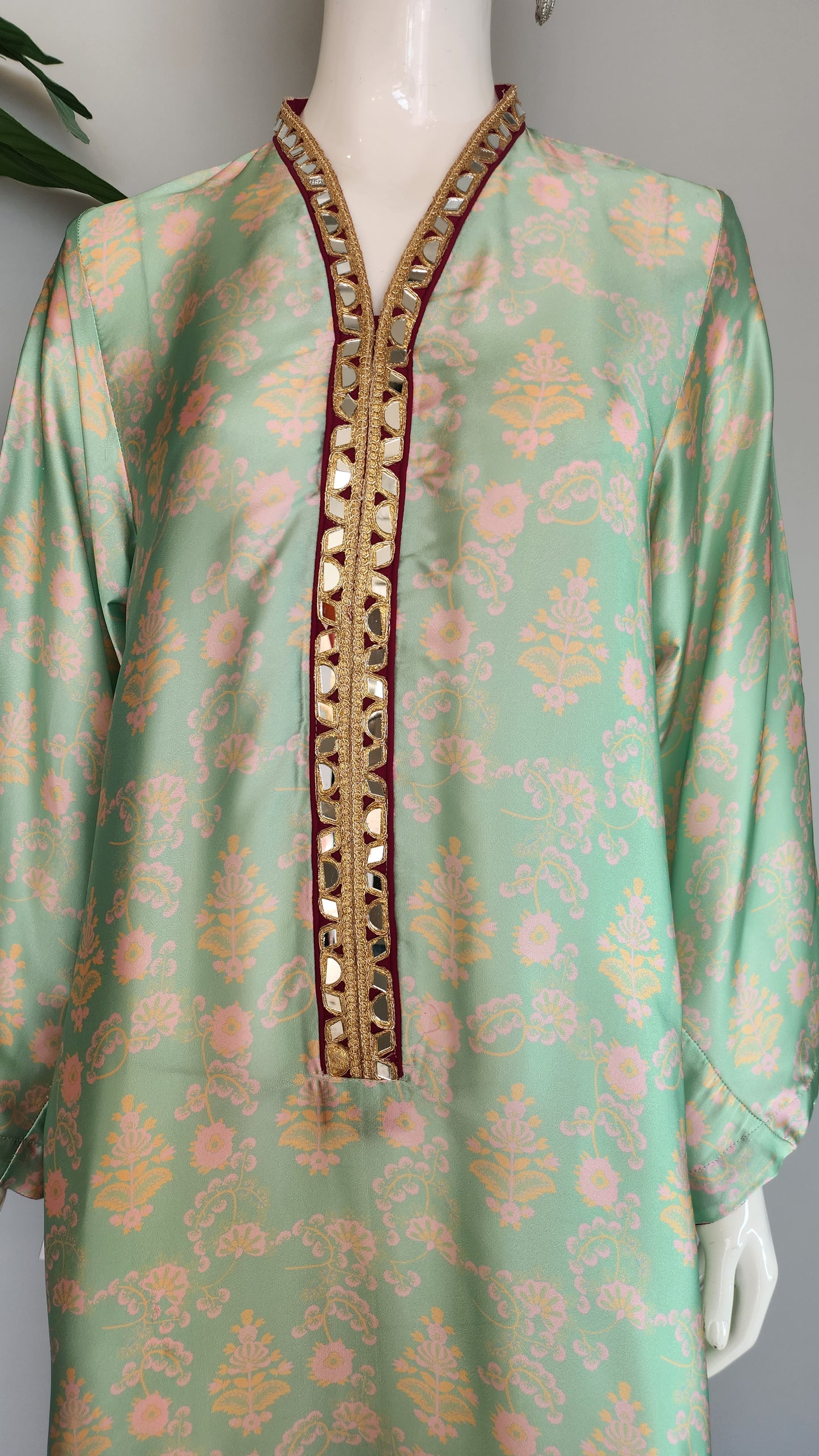Wajeeha Ansari - Mint Green Printed Silk Kaftan