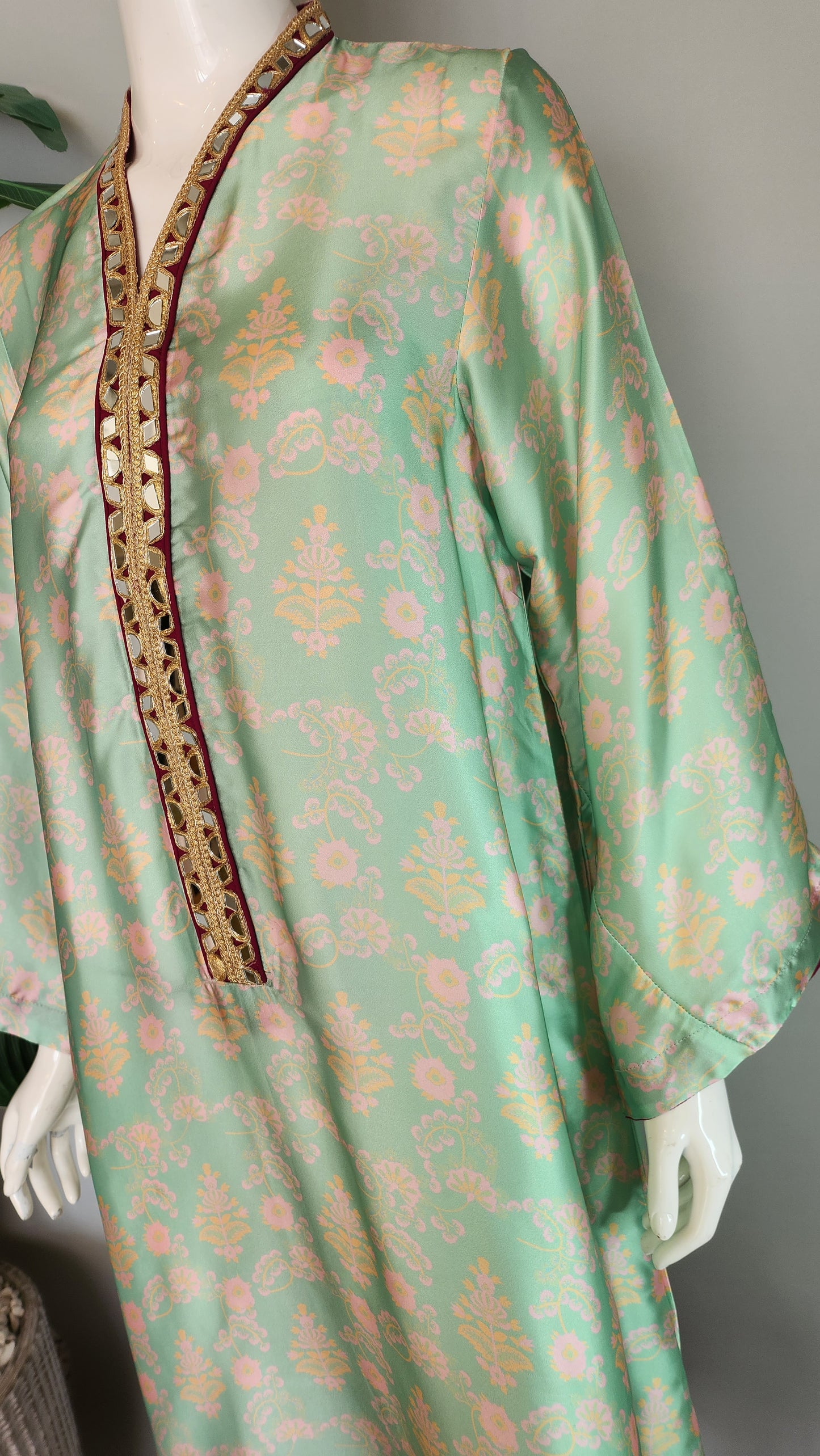 Wajeeha Ansari - Mint Green Printed Silk Kaftan