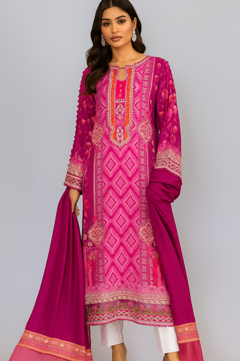 SARAH SHEERAZ - Dark Pink Printed