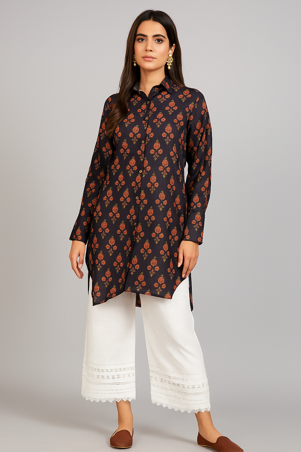 THREADS AND MOTIFS - Black with Orange flower Print