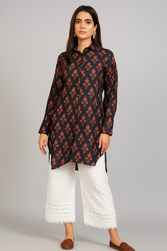 THREADS AND MOTIFS - Black with Orange flower Print