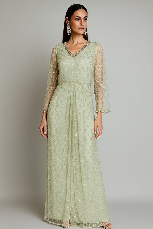 THREADS AND MOTIFS - Light Green Crisscross Beads Kaftan