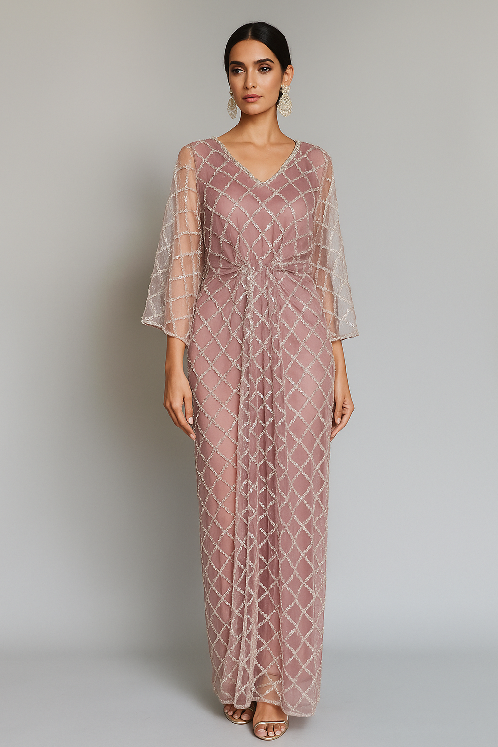 THREADS AND MOTIFS - Old Rose Crisscross Beads Kaftan