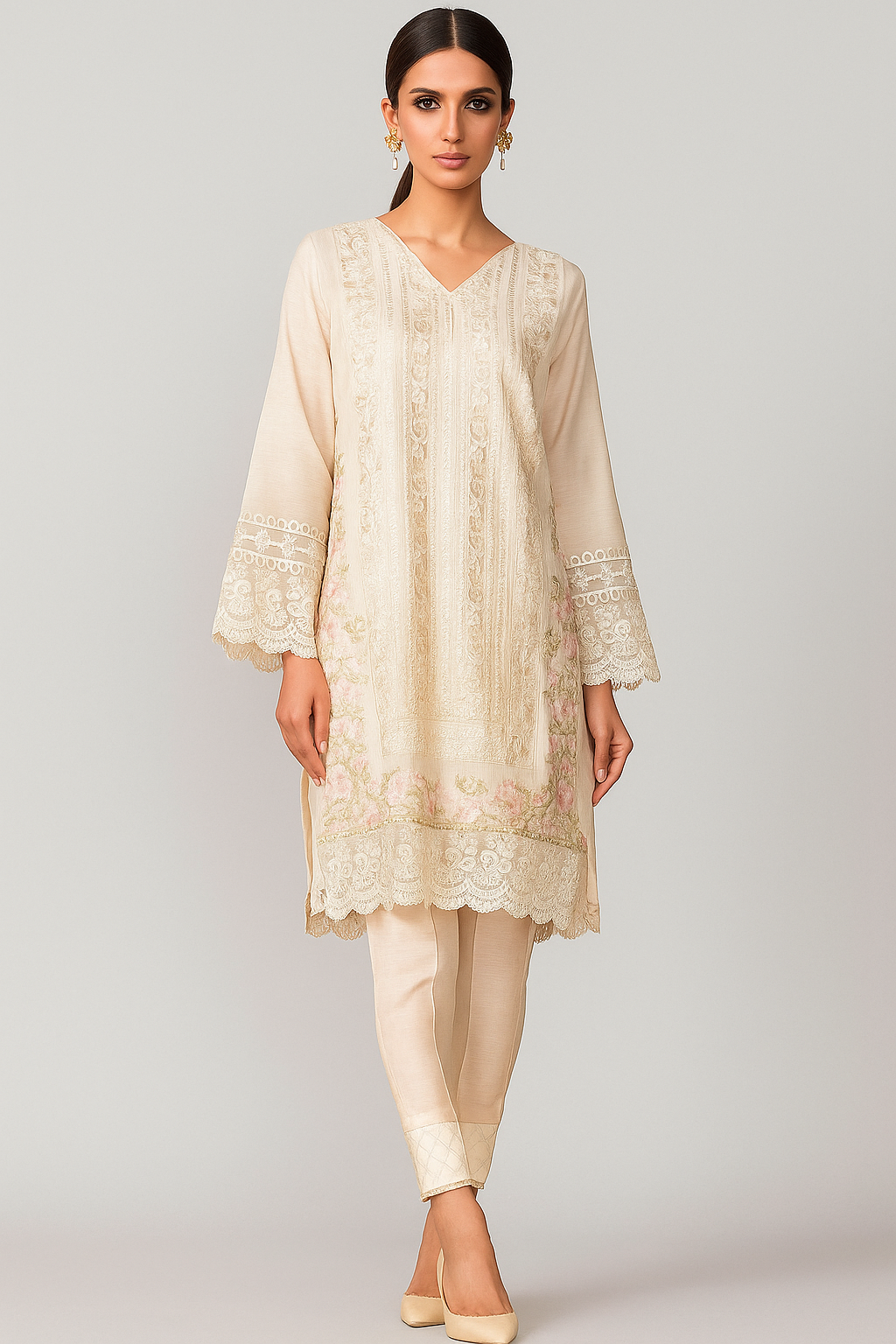 THREADS AND MOTIFS - Ivory with pink floral embroidery