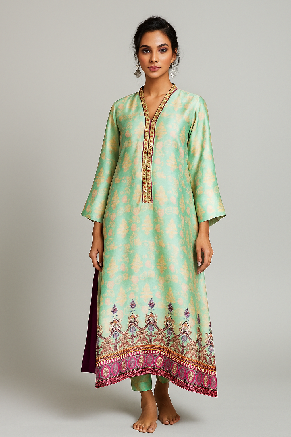Wajeeha Ansari - Mint Green Printed Silk Kaftan