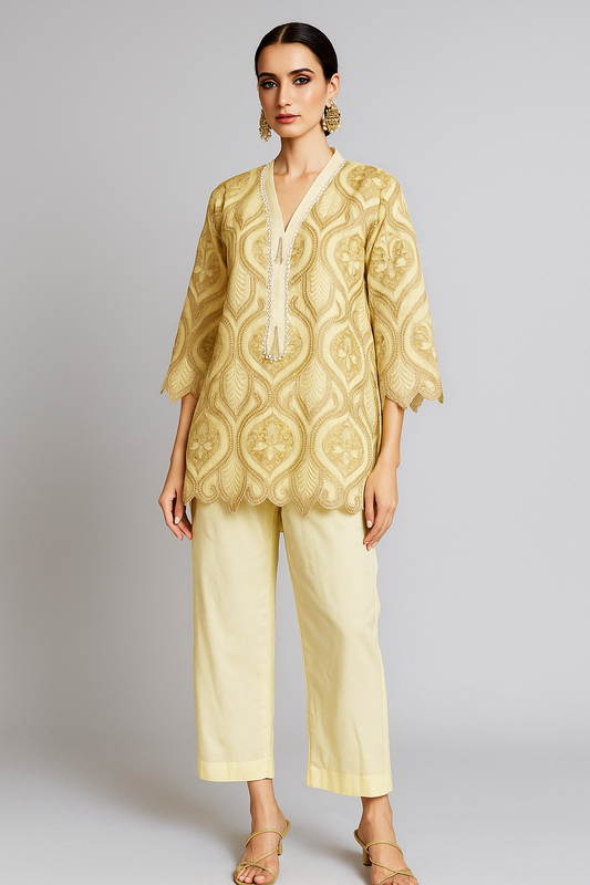 Wajeeha Ansari - Lime with beige cutwork