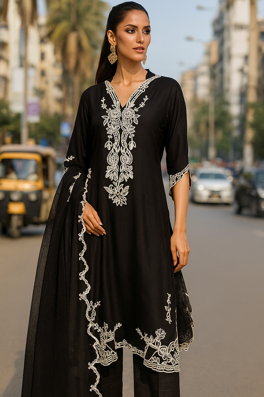 SEEMA IFTIKHAR - Black with white emboidery work
