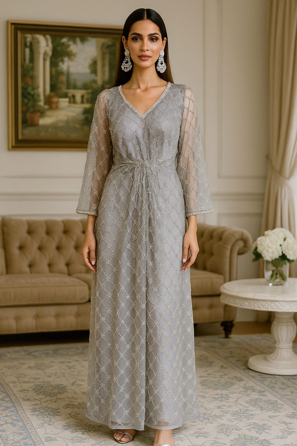 THREADS AND MOTIFS - Ash Blue Crisscross Beads Pearl Kaftan