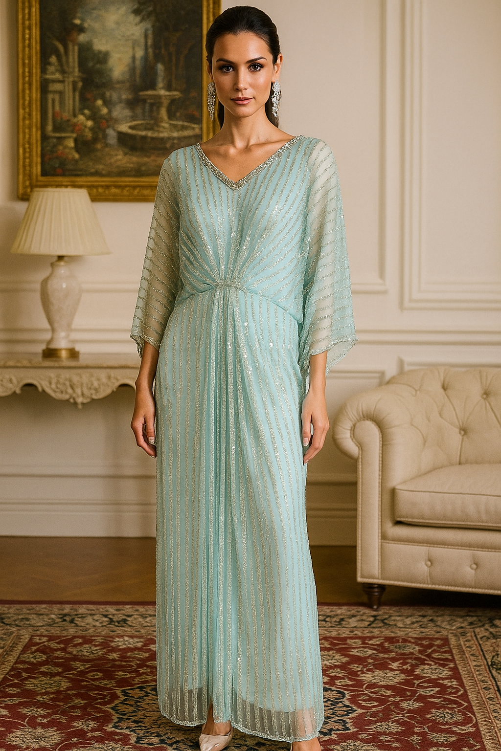 THREADS AND MOTIFS - Light Blue Straight Beads Kaftan