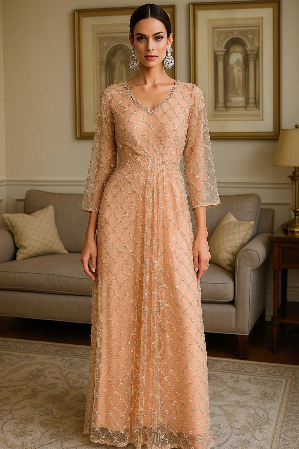 THREADS AND MOTIFS - Peach Crisscross Beads Pearl Kaftan