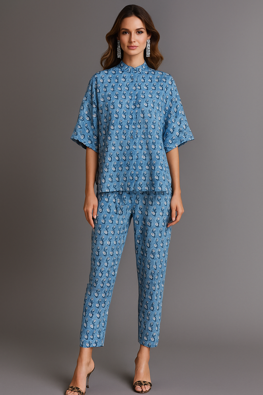SOBIA GULZAD - Blue Lotus Print Coord Set