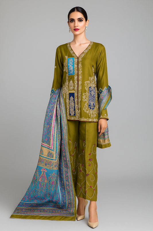 FARAH ZUBAIR - Pear Green Rawsilk