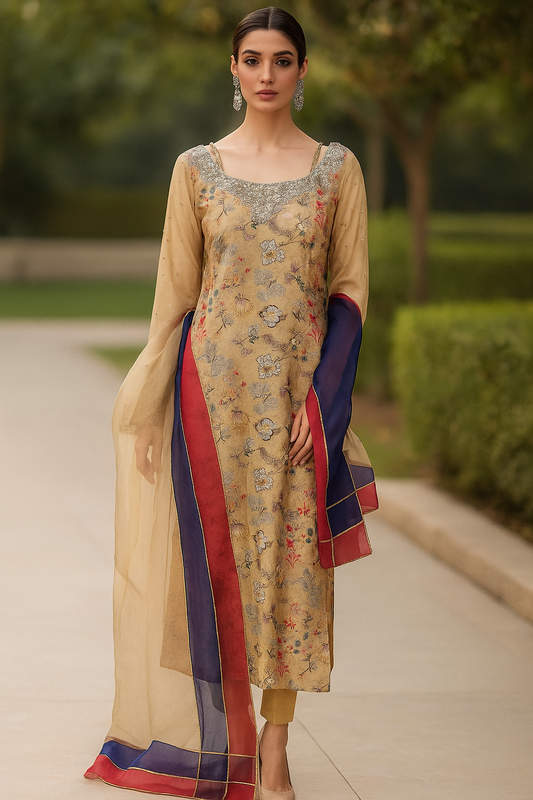 MAHOGANY - Beige with print pink and blue