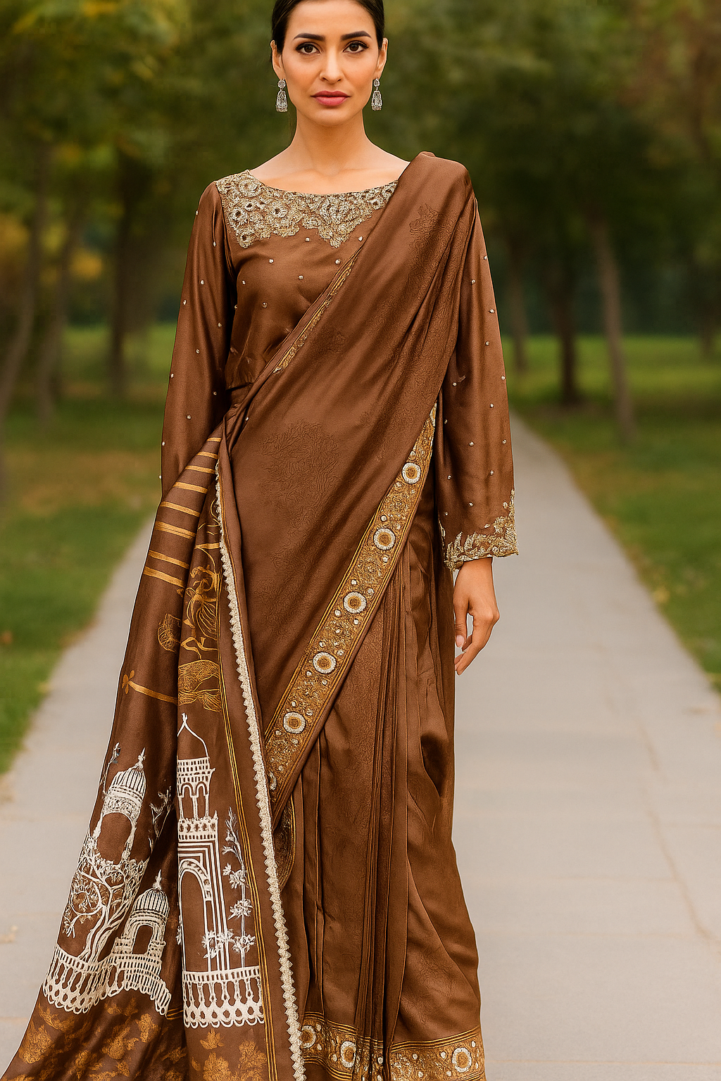 MAHOGANY - Coffee brown and Off-white Saree