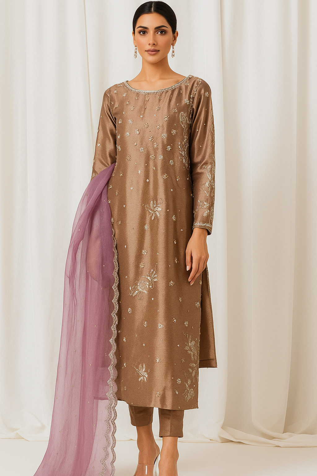 MAHOGANY - Lama Gold with Lavender Dupatta