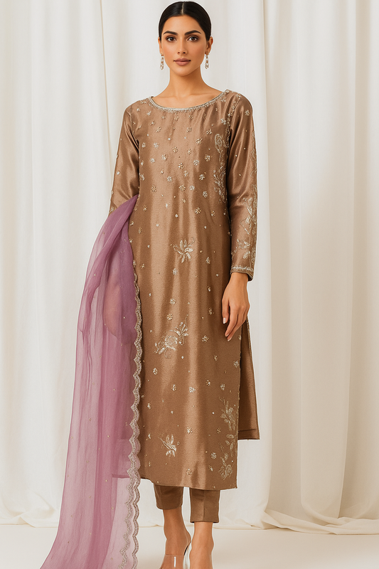 MAHOGANY - Lama Gold with Lavender Dupatta