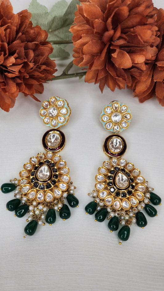 Dahlia by Sehar Zafar - Floral Kundan with Green Dangling Stone Earrings