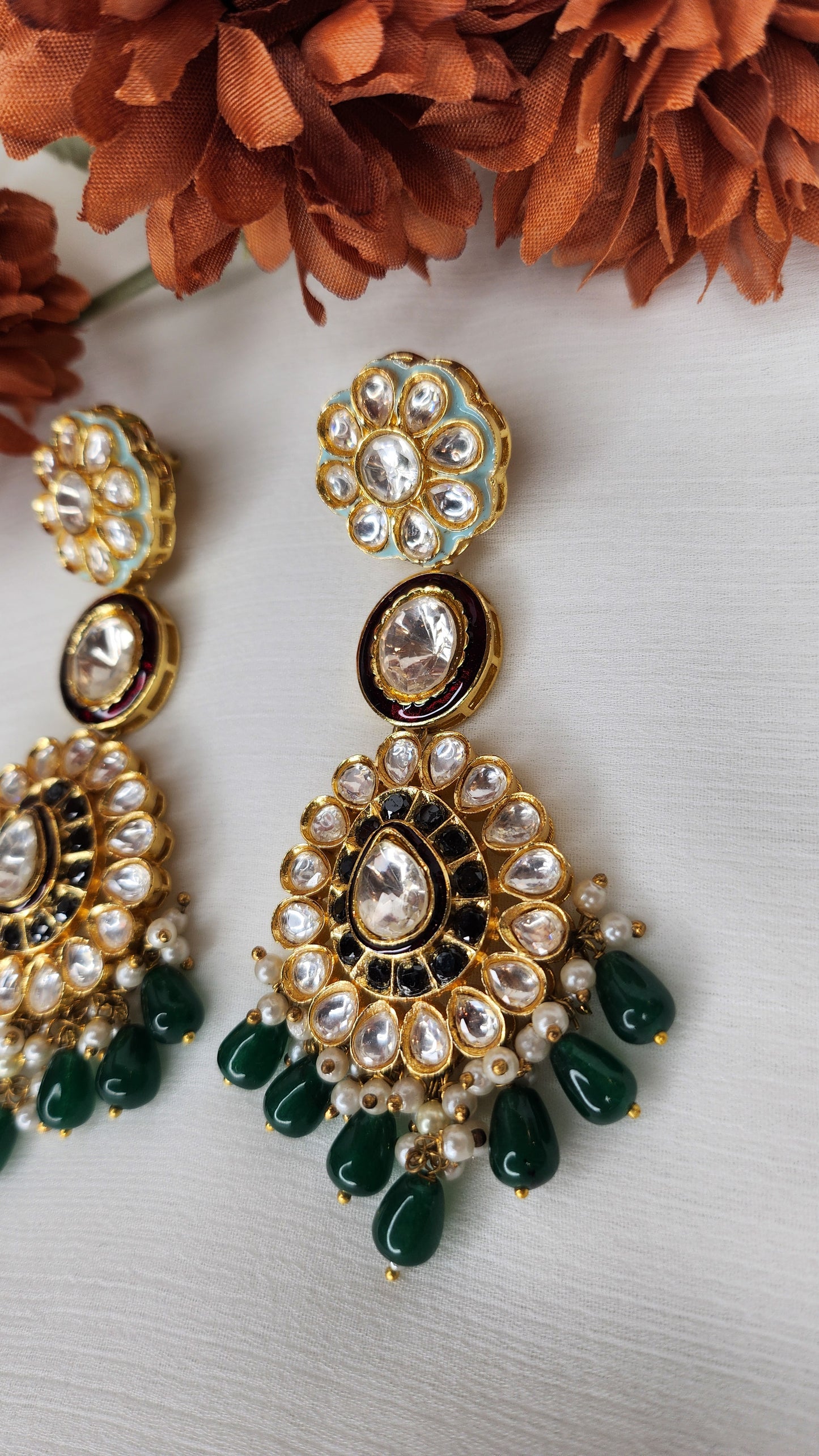Dahlia by Sehar Zafar - Floral Kundan with Green Dangling Stone Earrings