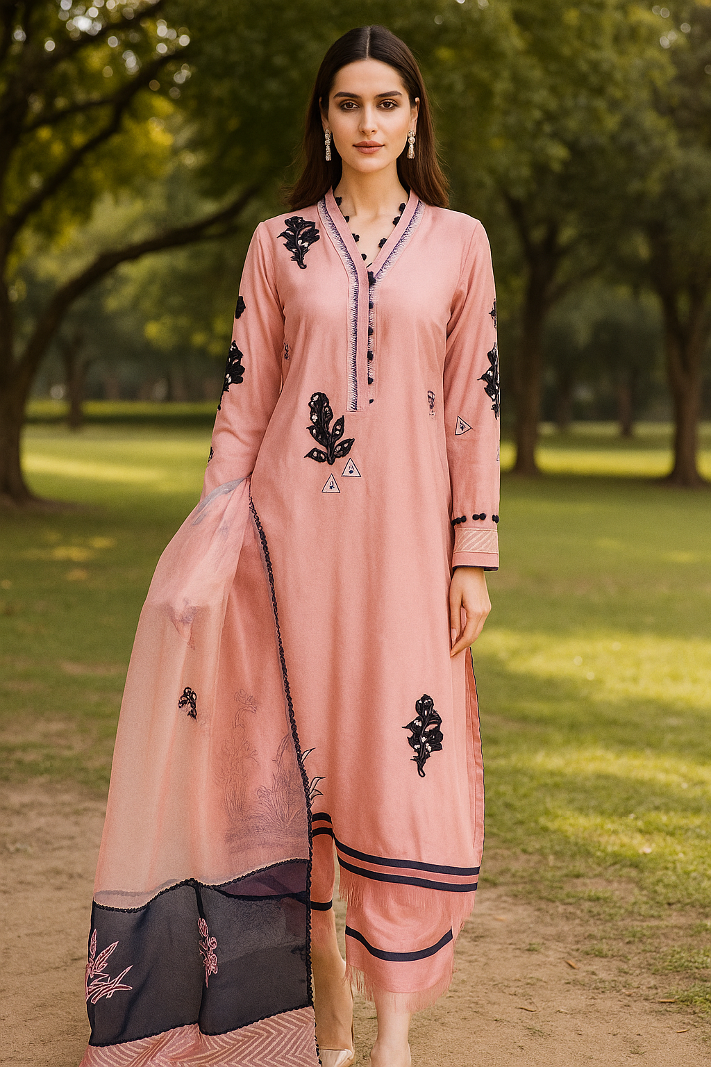 SEEMA IFTIKHAR - Pink with navy blue flower emb