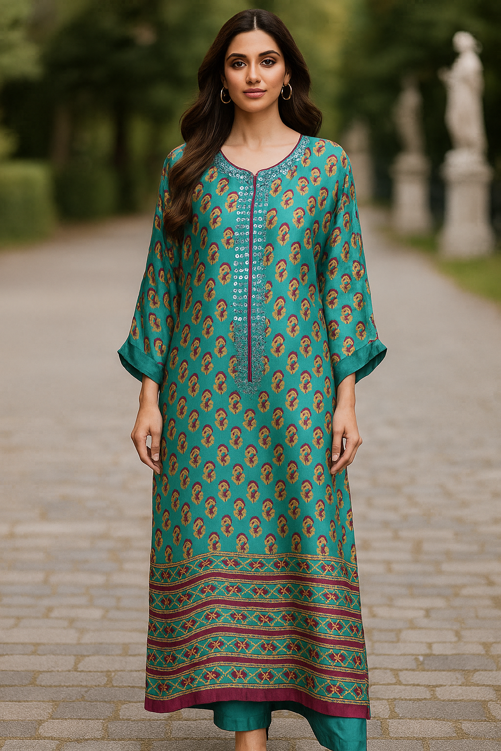 Wajeeha Ansari - Turquoise Printed Kaftan