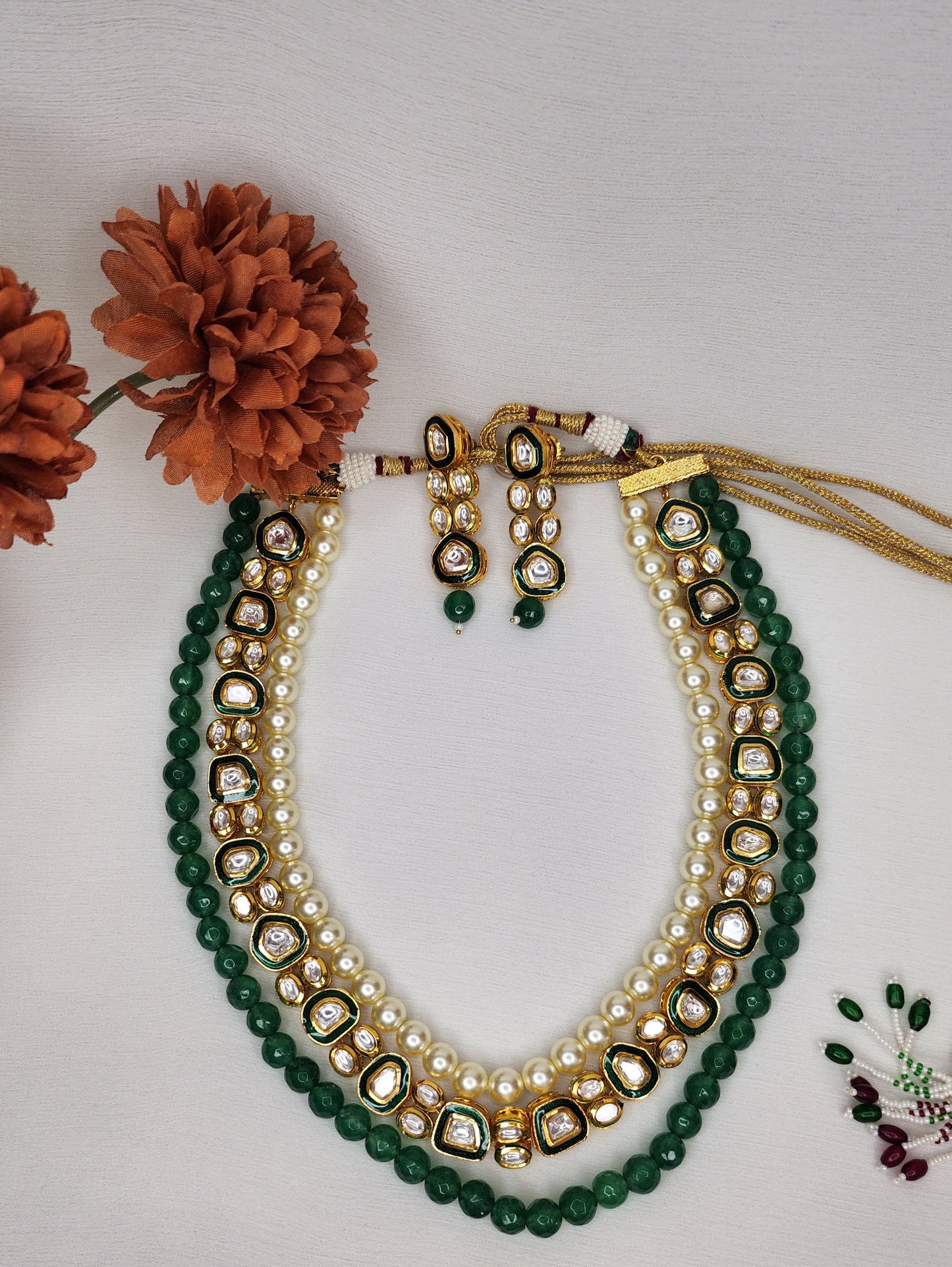 VIVINIA By Vidhi Mehra - 3 Layer Necklace Kundan, Pearl and Green Set