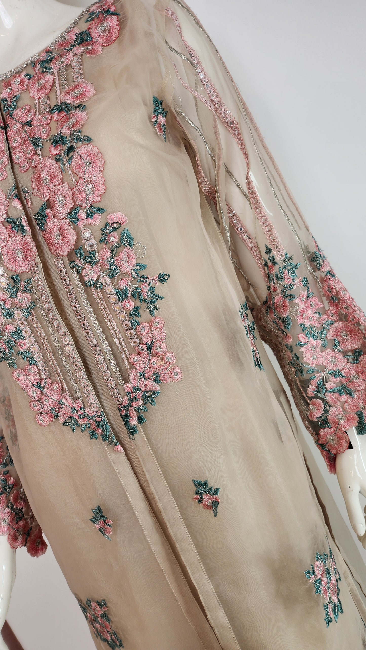 THREADS AND MOTIFS - Beige  with pink floral embroidery