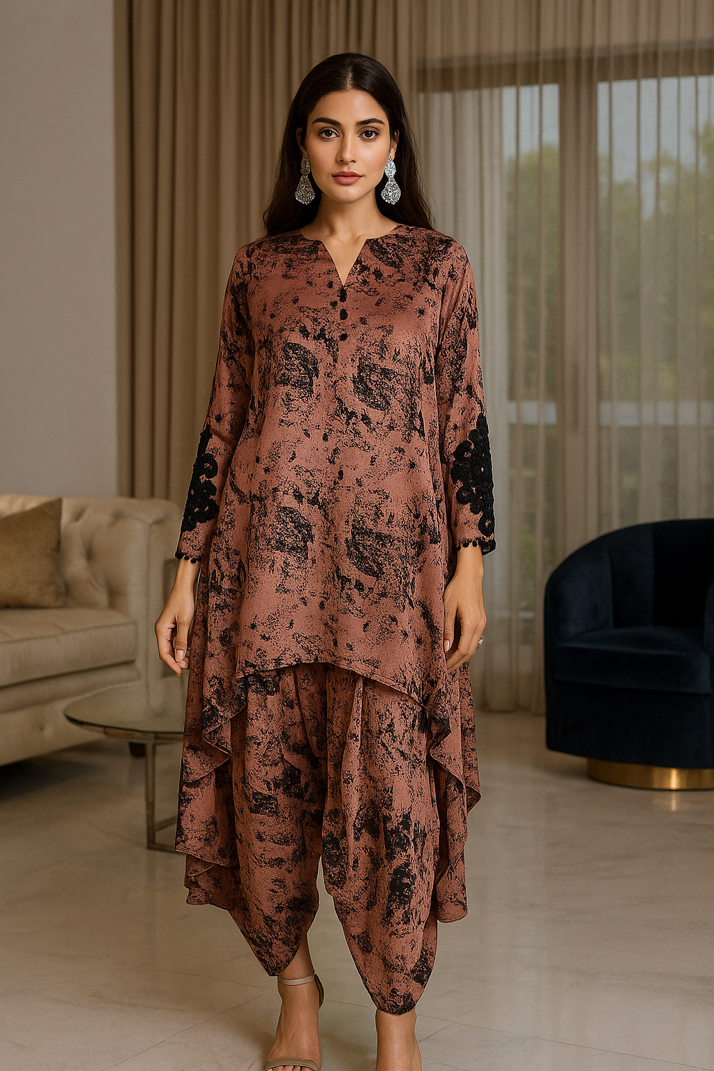 MARIA RAO - Peach with black splatter abstract print