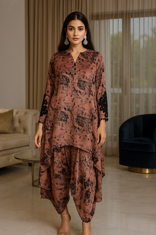 MARIA RAO - Peach with black splatter abstract print
