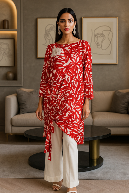 MARIA RAO - Red and white printed half poncho