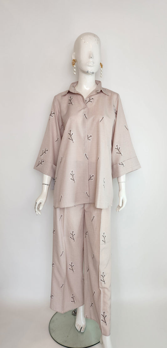 AMNA IQBAL - Beige Emb Coord Set